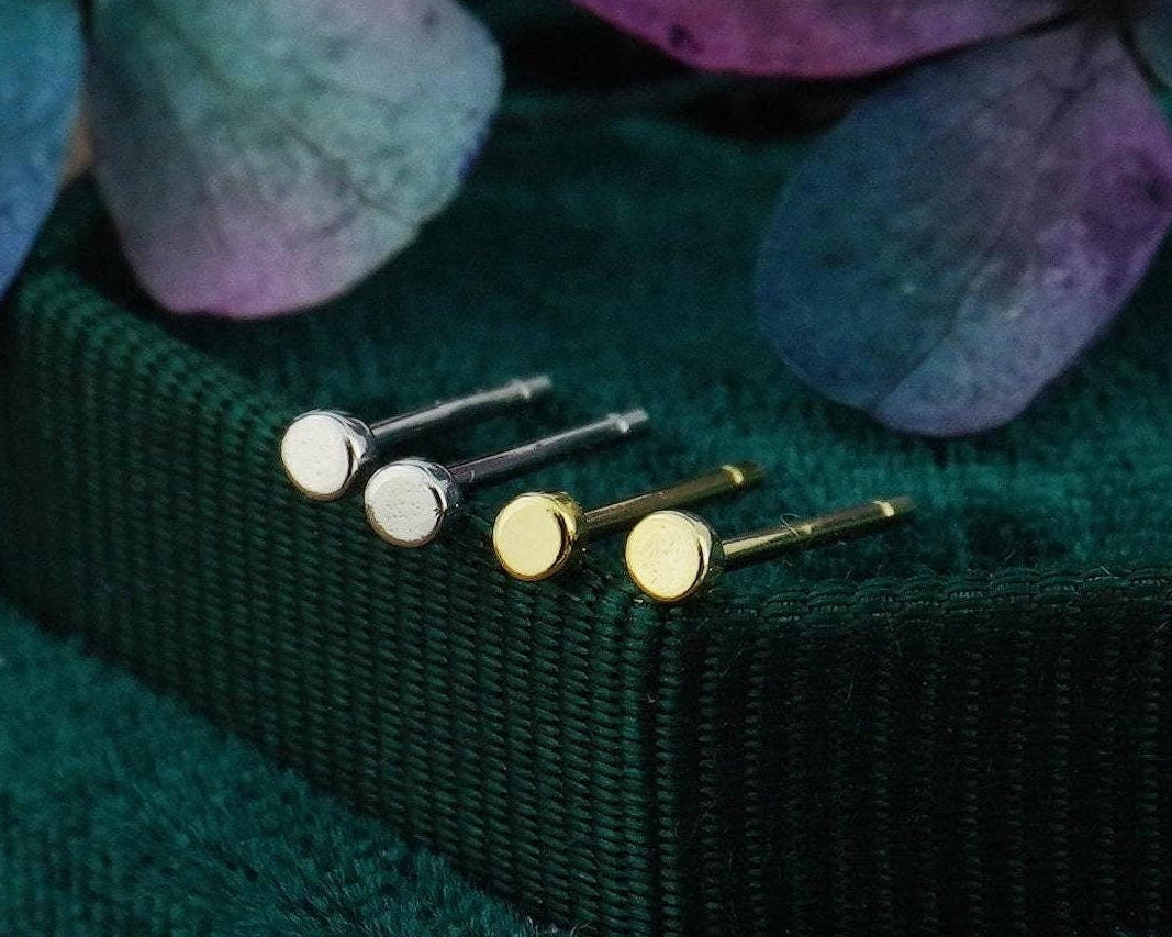 Pair of Tiny 2mm Round Disc Stud Earrings in Sterling Silver or 18ct Gold Plated