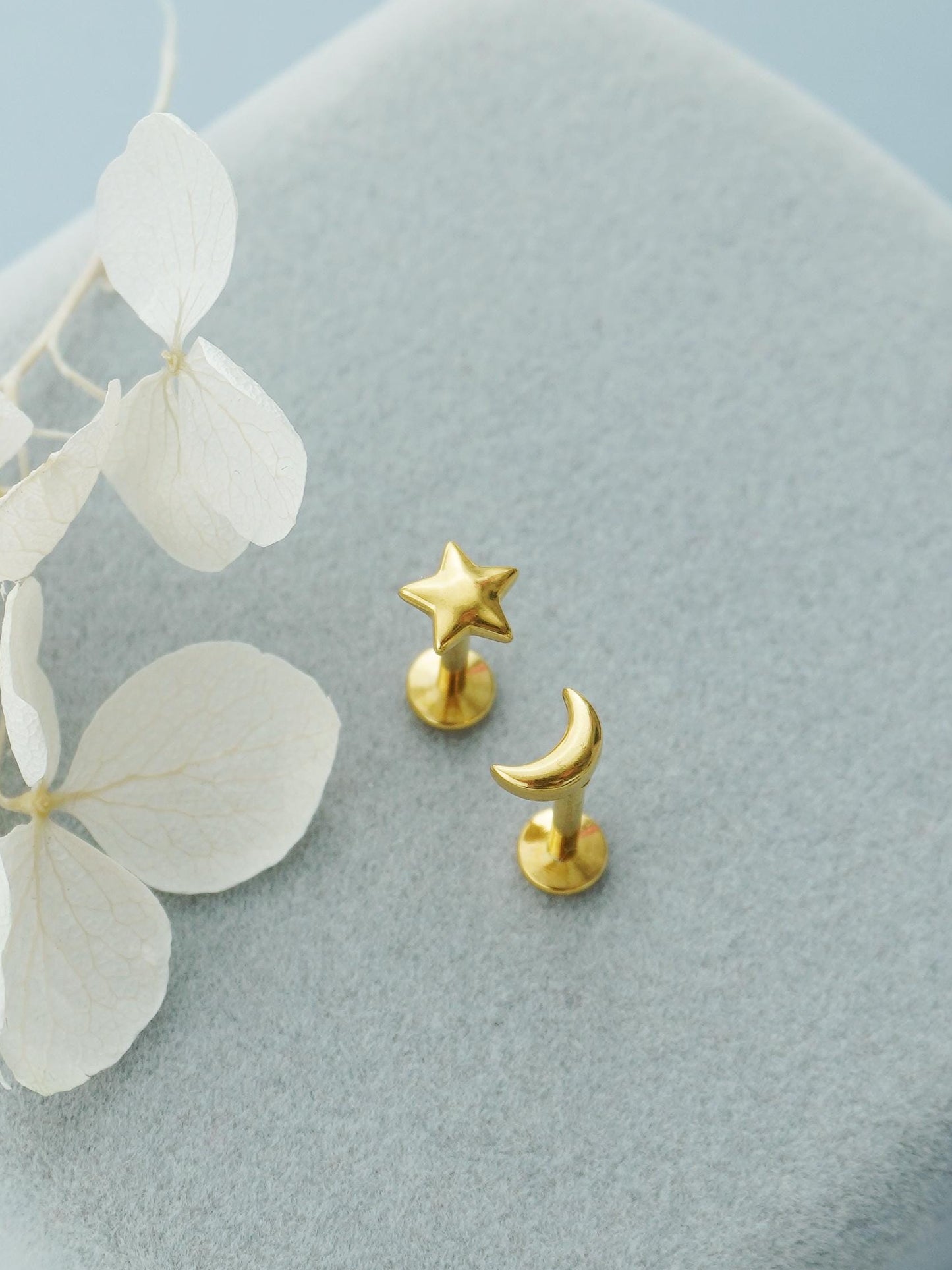 Pair of Mismatched Stainless Steel Star & Crescent Moon Stud Earrings in Steel or Golden, Flat Screw Back, 16G 6mm or 8mm post