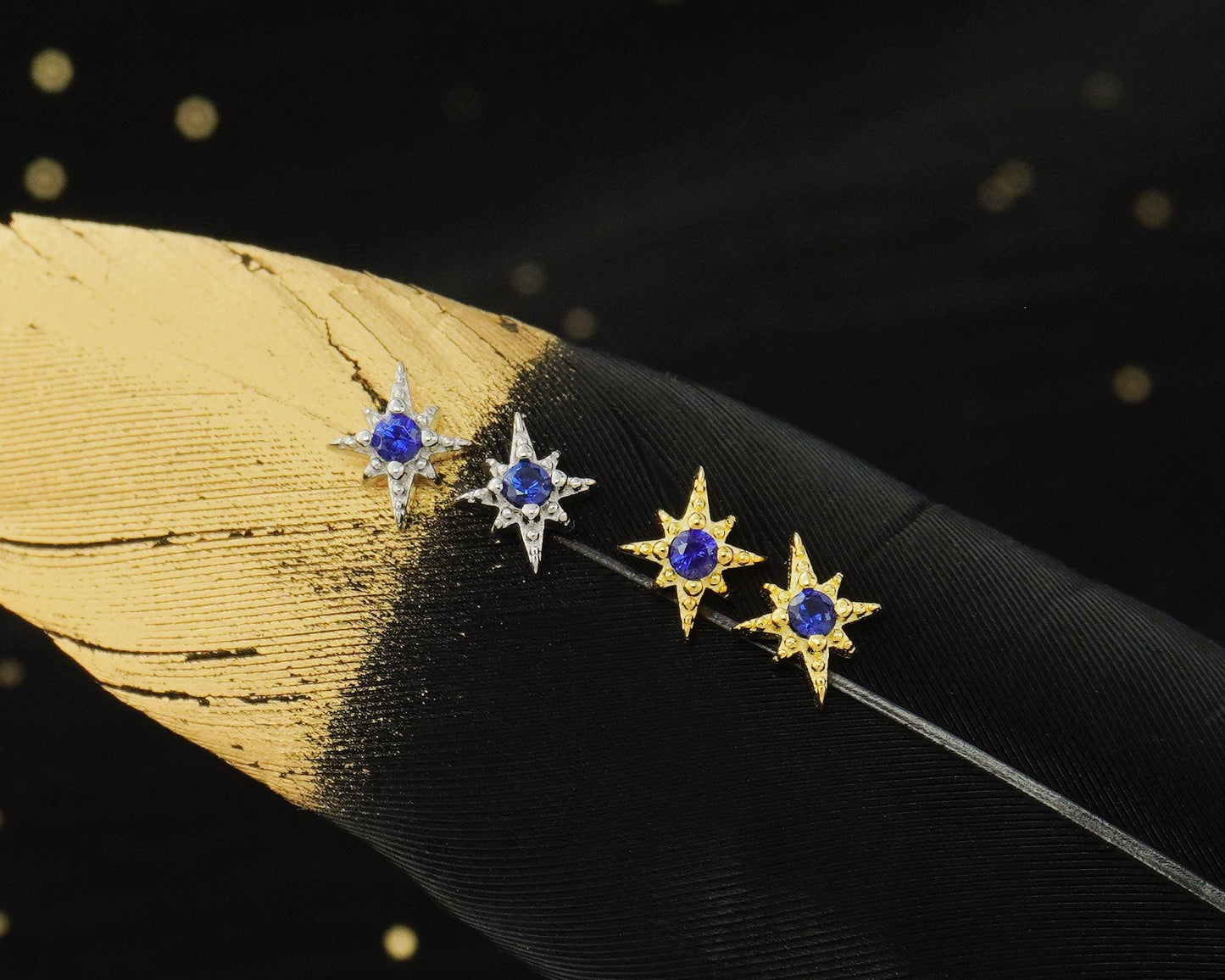 Pair of Tiny Sterling Silver Starburst Stud Earrings in Rhodium or Gold Plated, Celestial Star Burst Design with Blue CZ