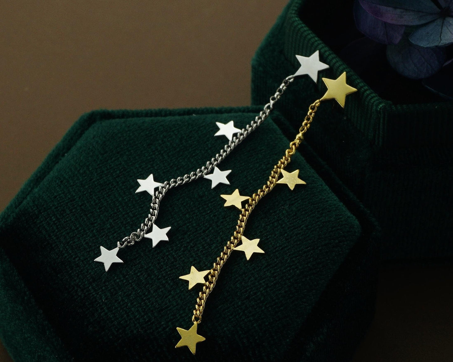 1 pc of 6 Mini Star Stud Earring in Sterling Silver or Plated Gold, Dangly Celestial Charm on Curb Chain
