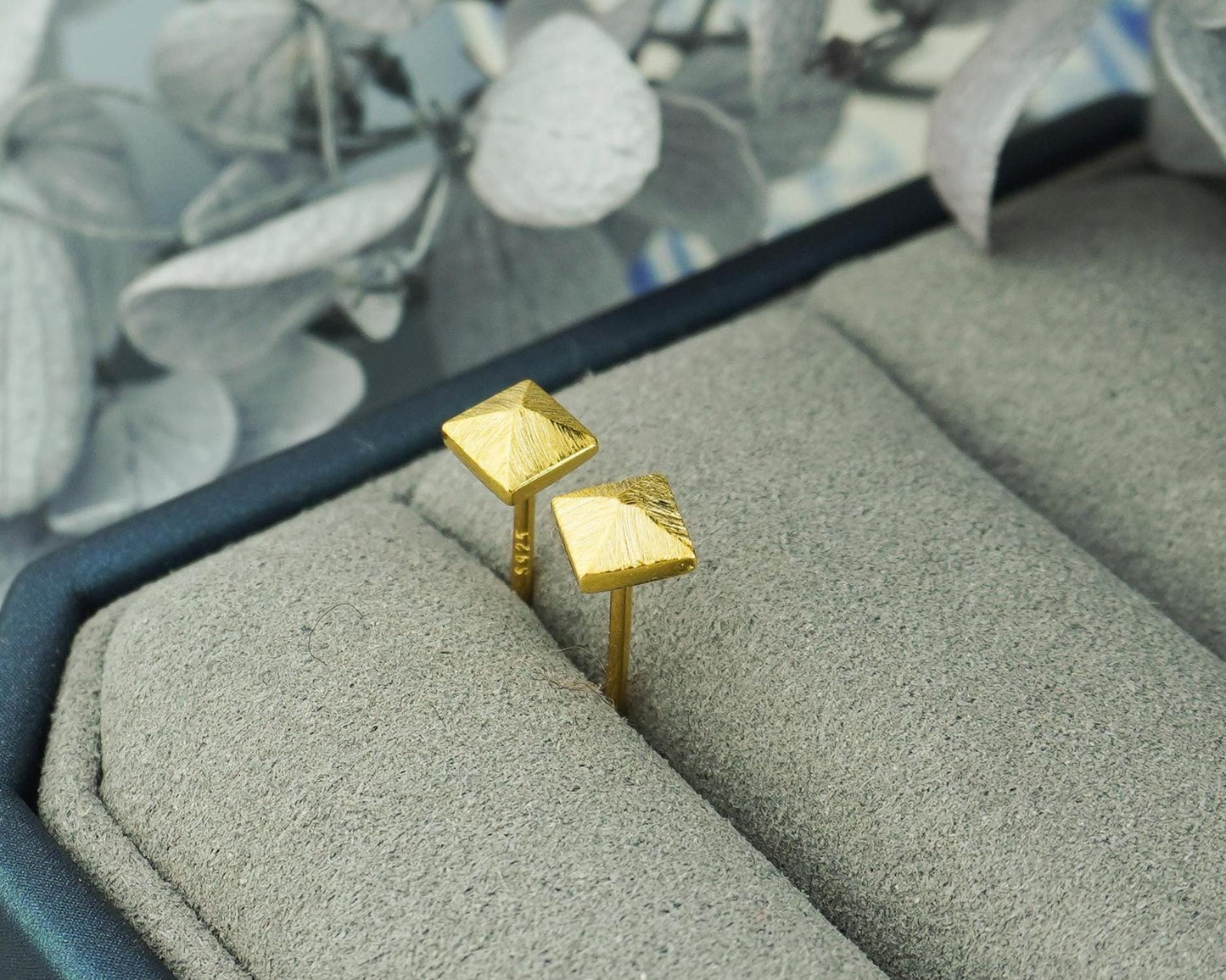 Pair of Sterling Silver Textured Pyramid Rivet Stud Earrings in Rhodium or 14ct Gold Plated