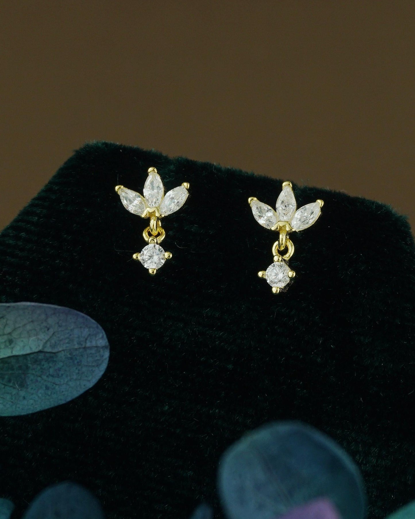 Pair of Trio Marquise CZ Sterling Silver Stud Earrings in Rhodium or Gold Plated, 3 Gem Cluster with Dangly Drop, Screw Ball Back