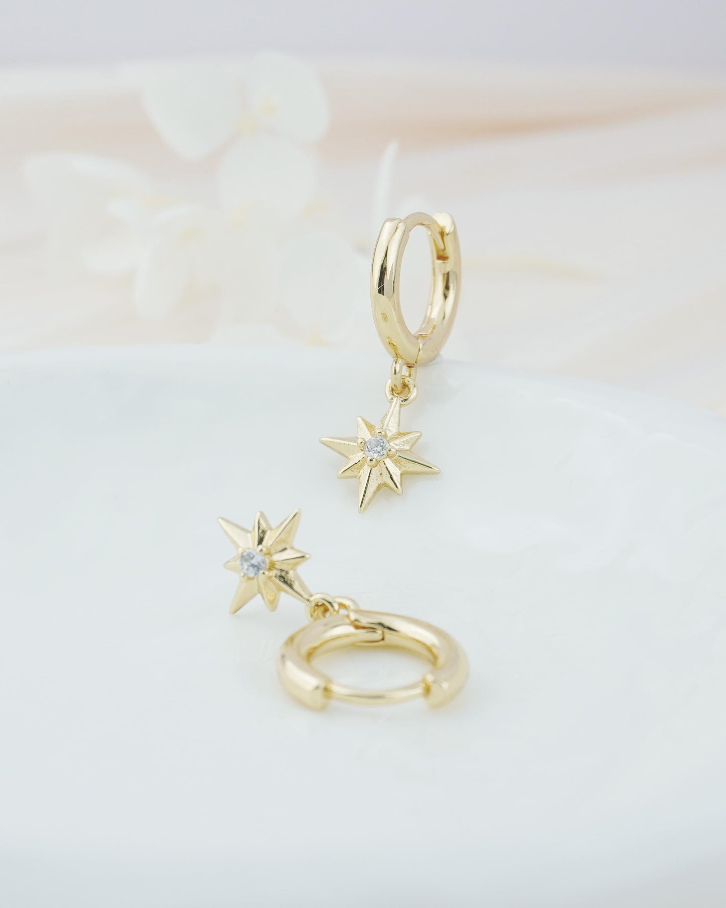 Pair of Starburst Huggie Hoop Earrings in Gold Plated Brass, Sunburst Charm with Sparkly CZ