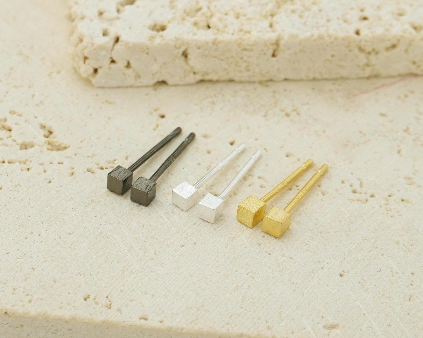 Pair of Tiny 2mm Textured Square Cube Stud Earrings in Silver, Gold or Black, Simple Minimalism Geometric Subtle Ear Stacking Jewelry