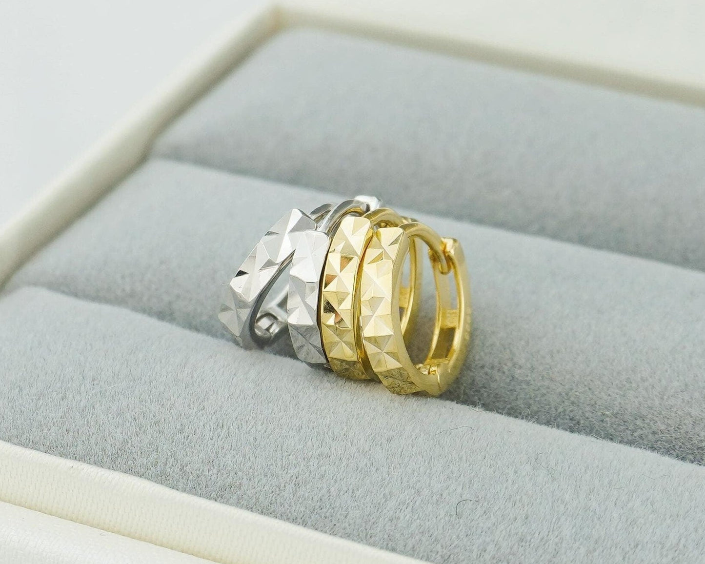 Pair of Minimalist Diamond Cut Huggie Hoop Earrings in Sterling Silver or 18ct Gold Plated, Simple Faceted Jewelry