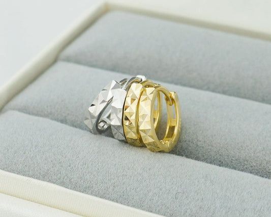 Pair of Minimalist Diamond Cut Huggie Hoop Earrings in Sterling Silver or 18ct Gold Plated, Simple Faceted Jewelry