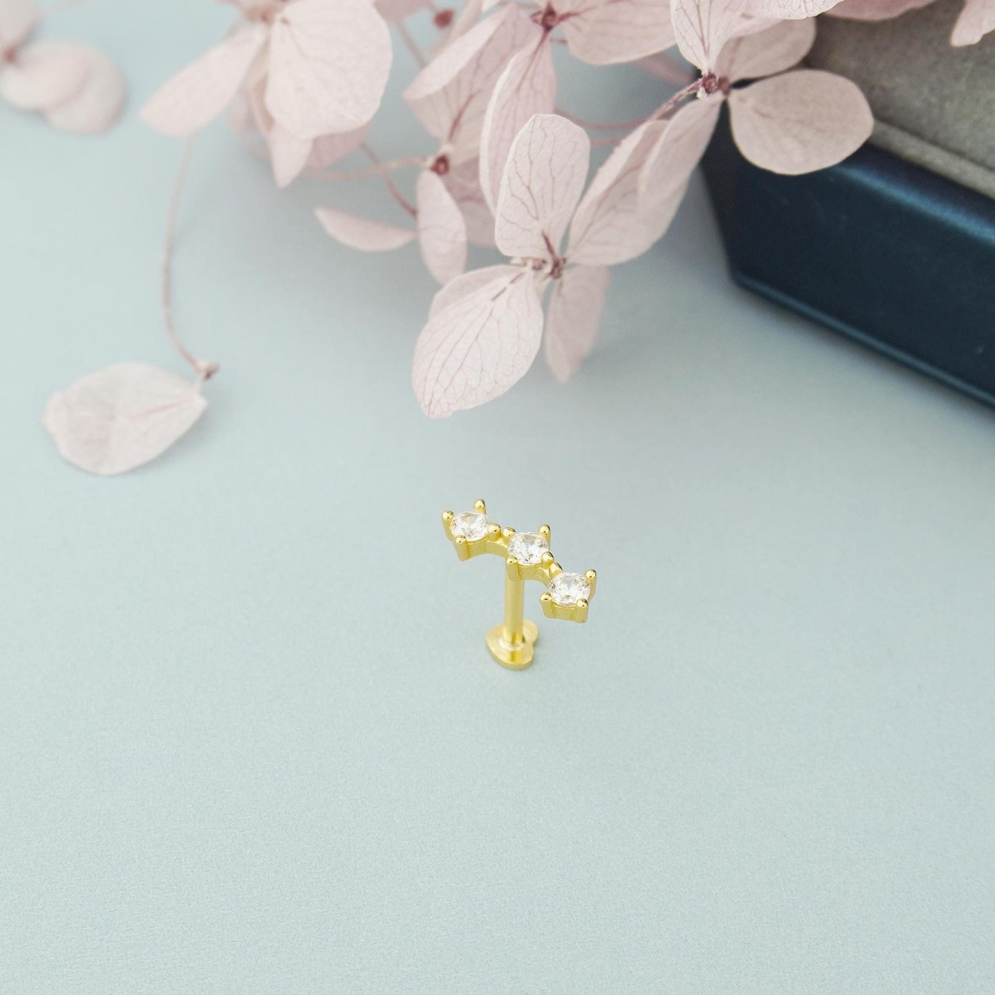 1 pc of CZ Stud Earring in 18k Gold Plated over Sterling Silver, Mini Trio Star/ Princess Cut/ Pear Cut Tragus Cartilage Labret