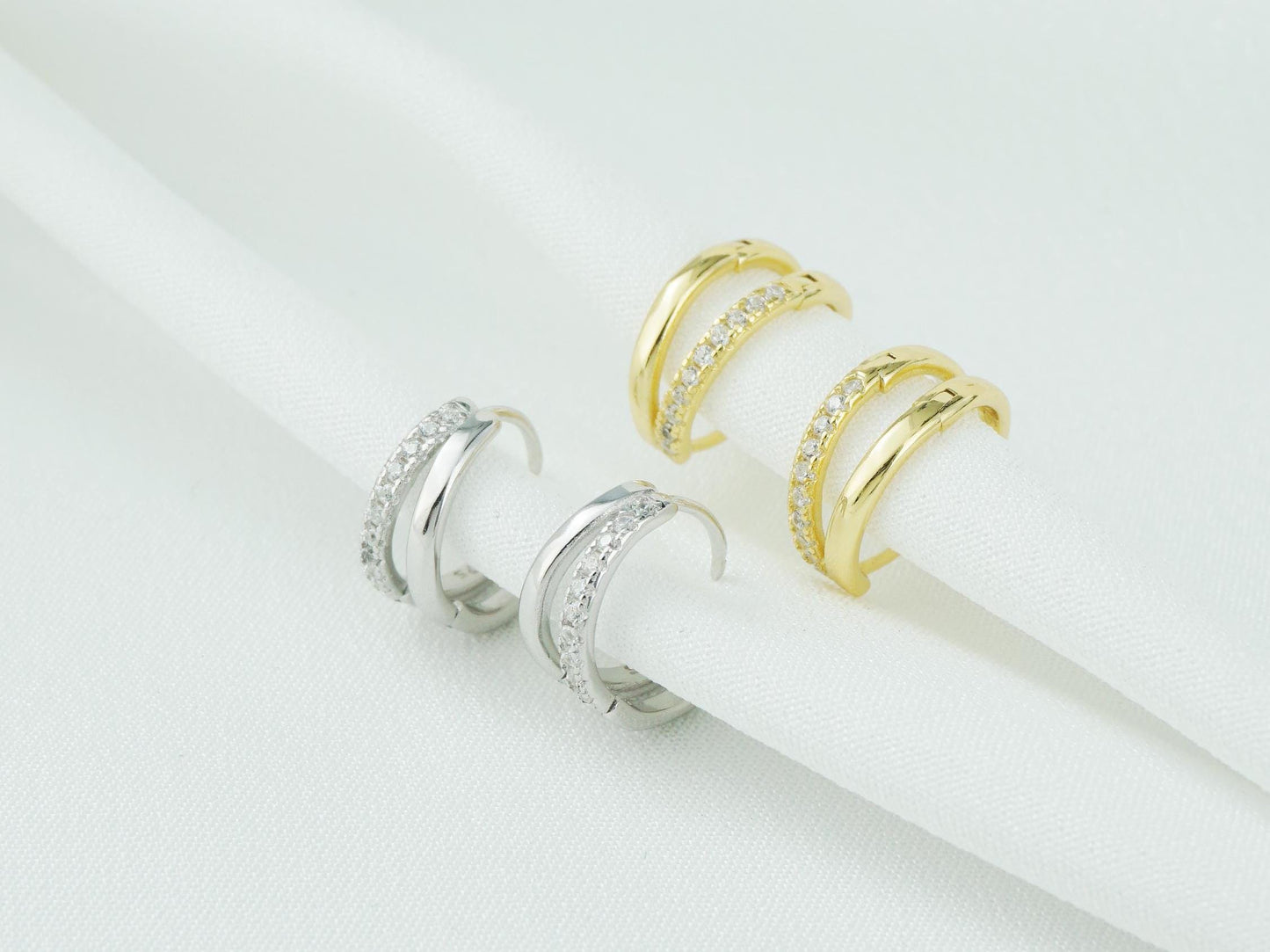 Pair of Duo Asymmetric Ring Huggie Hoop Earrings in S925 Sterling Silver or 18ct Plated Gold