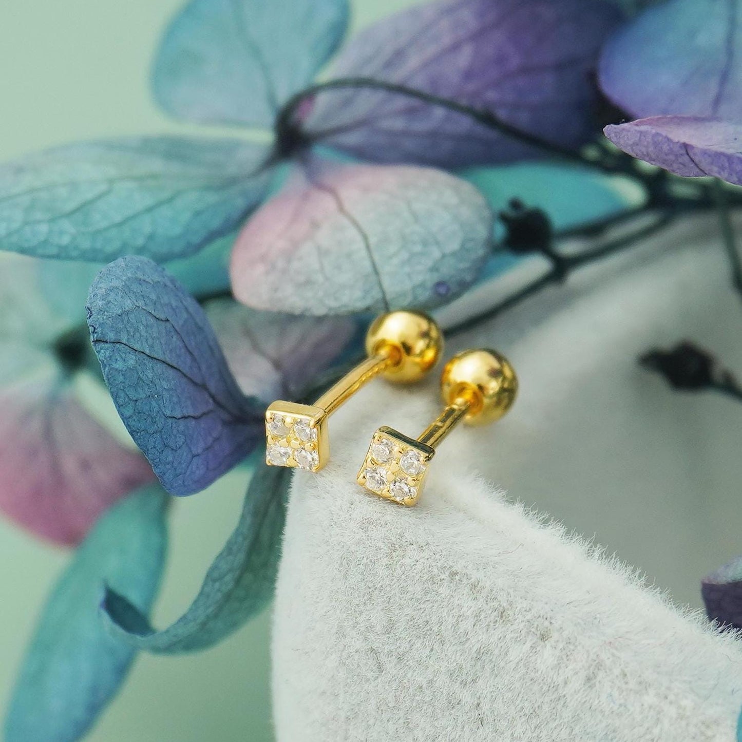 Pair of Sterling Silver Stud Earrings in Rhodium or Gold Plated, VERY TINY Square with Sparkly CZ Crystal Stones