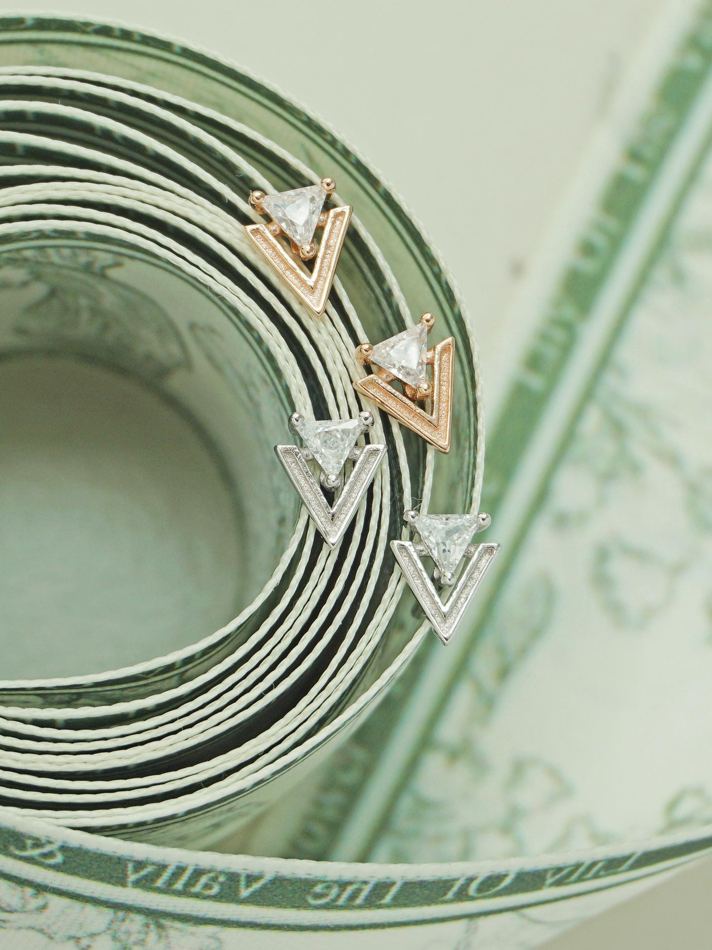 Pair of Double Triangle Arrowhead Stud Earring in Sterling Silver or Plated Rose Gold