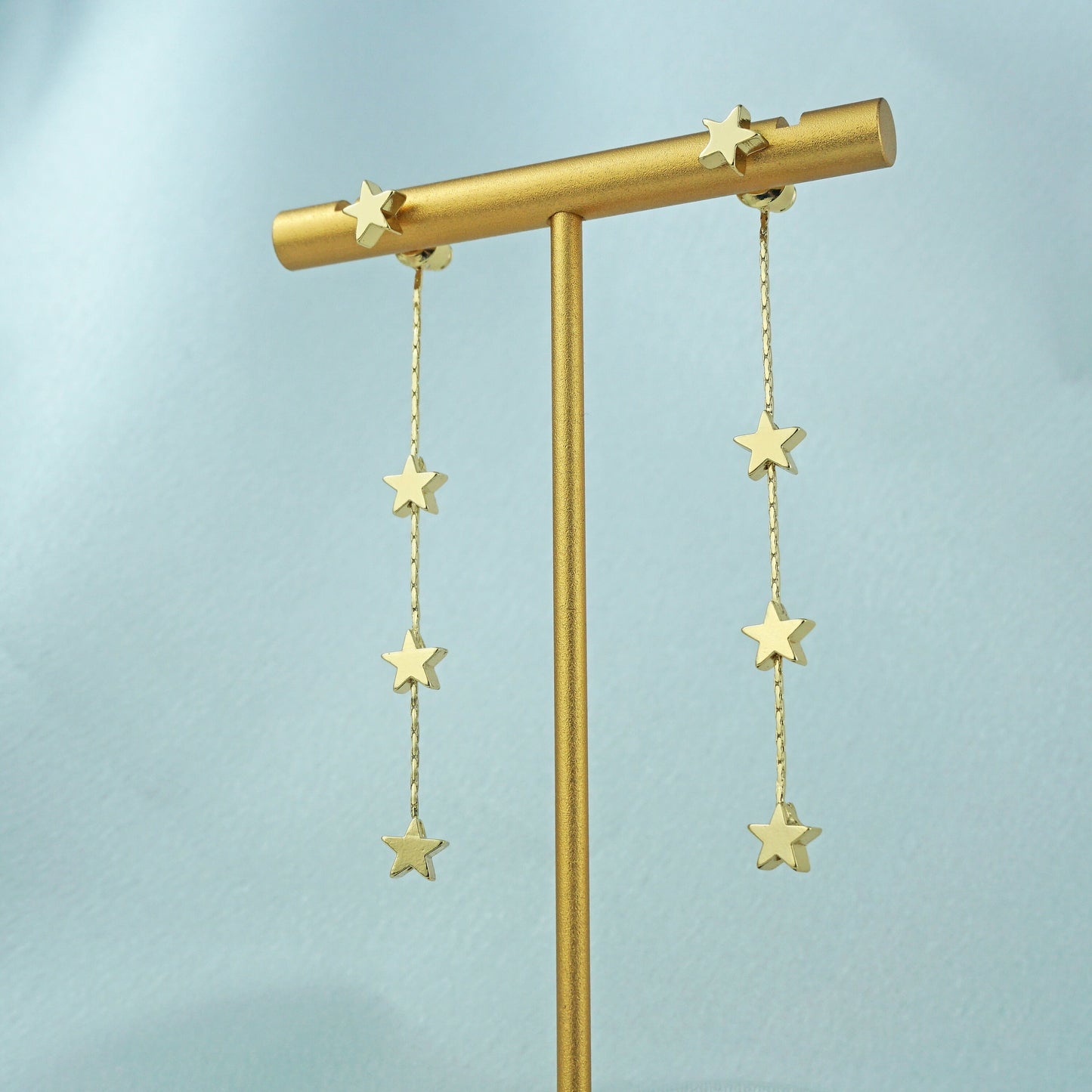 Pair of Brass Stud Earrings in Silver or Gold Finish, Dangly 3 Mini Celestial Charm on a Chain, Dainty Tassel Drop Lobe Jewelry