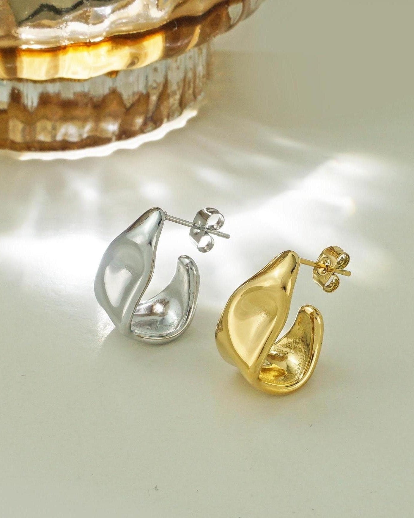 Pair of Stainless Steel Molten Chunk Melted Half Hoop Twisted Stud Earrings in Steel or Golden Finishes