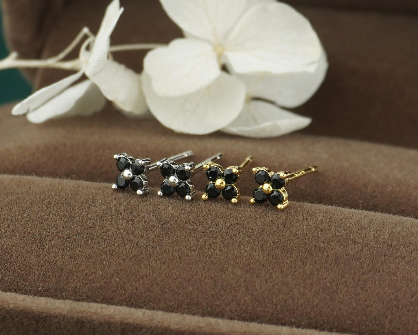 Pair of Tiny Quartet CZ Stud Earrings in Sterling Silver / Gold, Sparkly Hydrangea Flower in Emerald, Onyx, Ruby