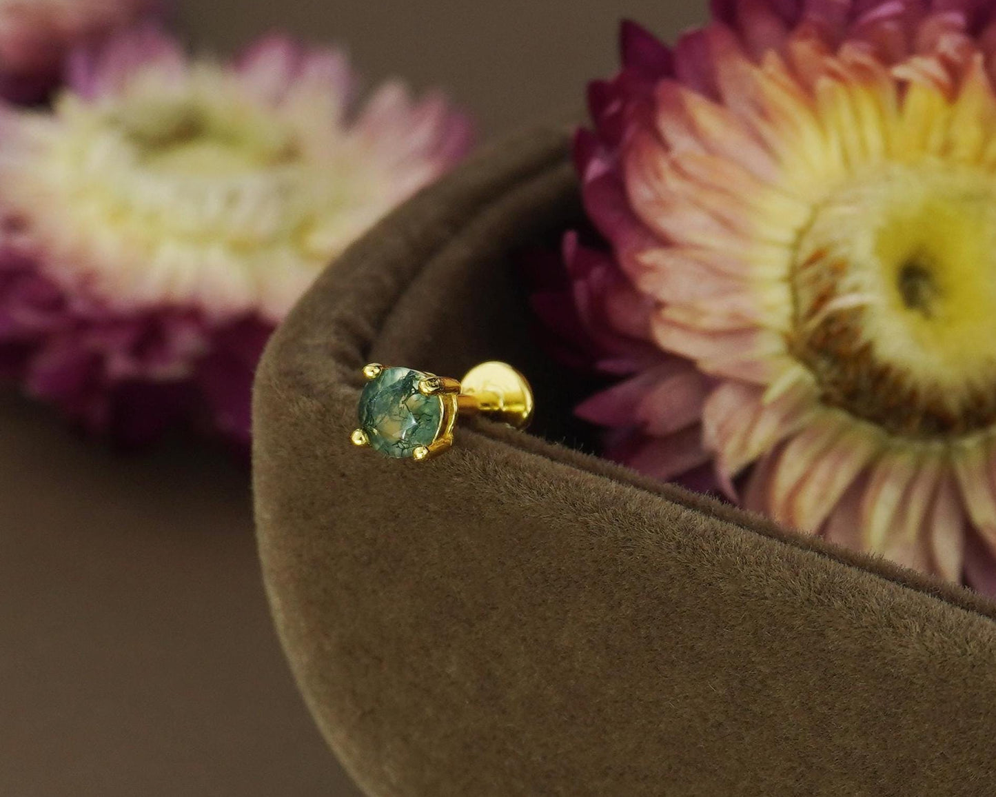 1 pc of Natural Green Moss Agate 4 Prong Solitaire Stud Earring in Gold Plated over Sterling Silver, Cartilage Helix Lobe Piercing