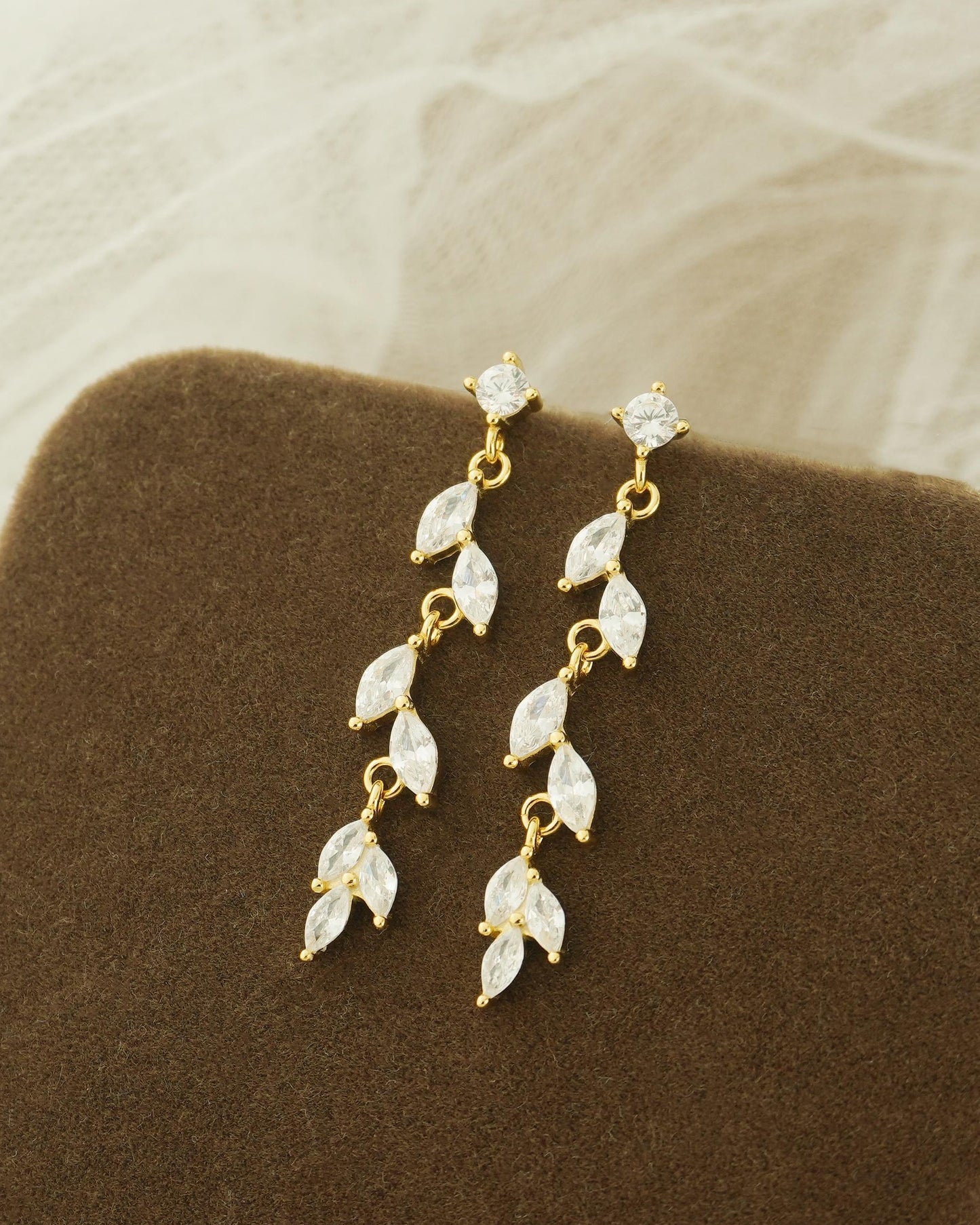 Pair of Dangly Marquise CZ Olive Leaf Stud Earrings in Gold Plated over Sterling Silver, Nature Inspired Bridal Wedding Jewelry