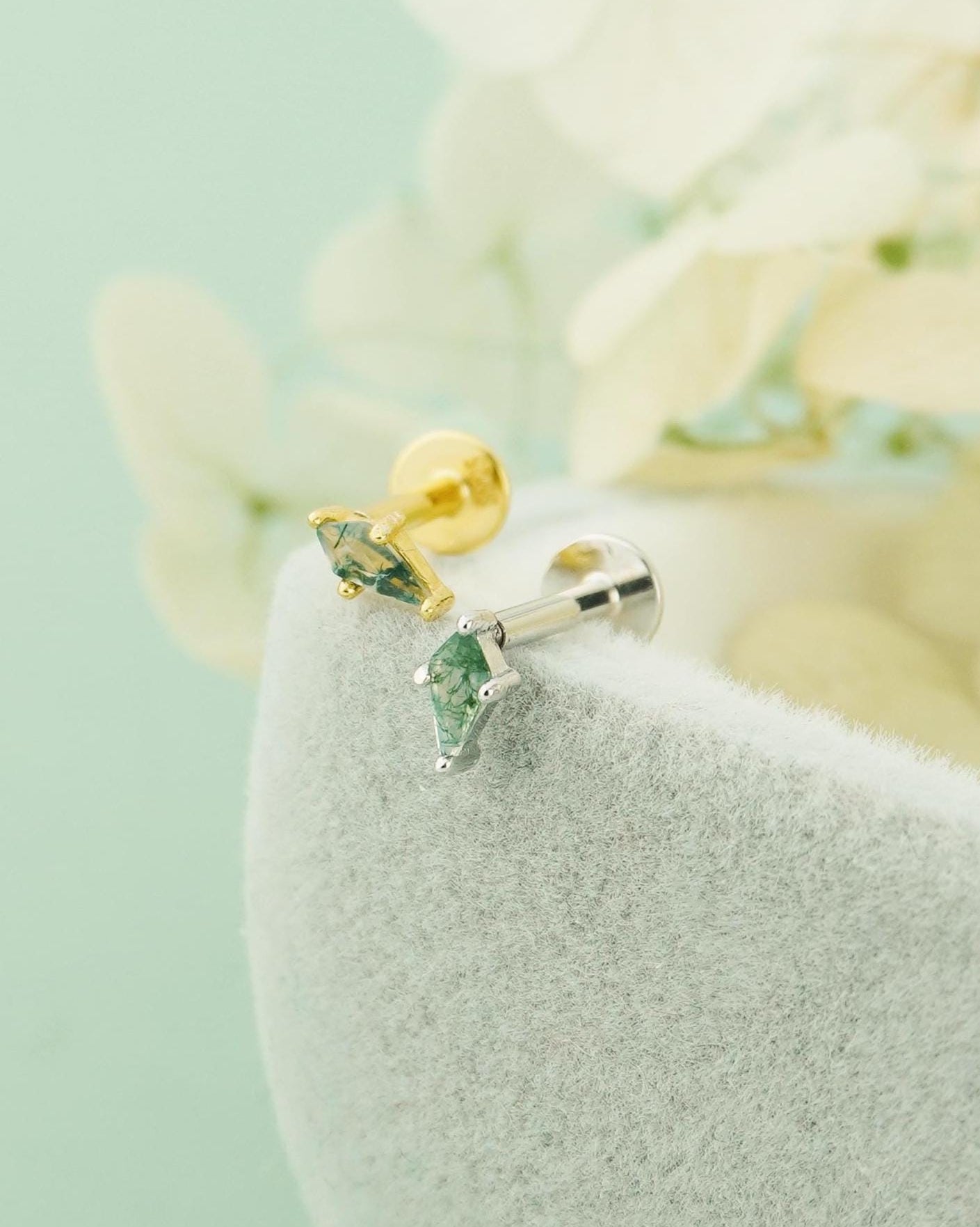 1 pc of VERY TINY Natural Green Moss Agate Flat Back Stud Earring in Sterling Silver or Plated Gold, Marquise/Kite Shape