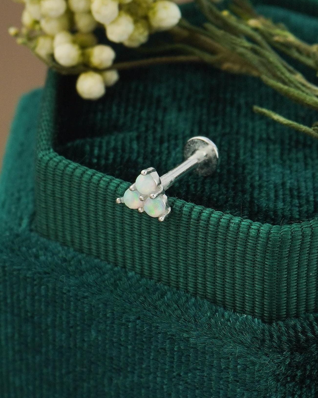 Trinity Fire Opal Stud Earring in Sterling Silver or Plated Gold, VERY TINY Opulent Trio Gem Stacking Piercing Jewelry