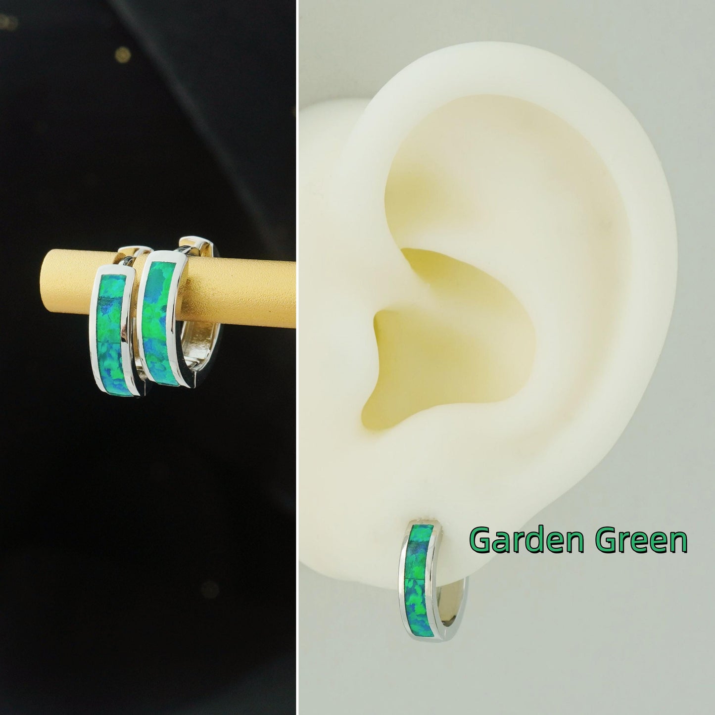 Pair of Elegant Opal Inlay Huggie Hoop Earrings in Rhodium Plated Brass, Purple, Blue, Green or White Stone