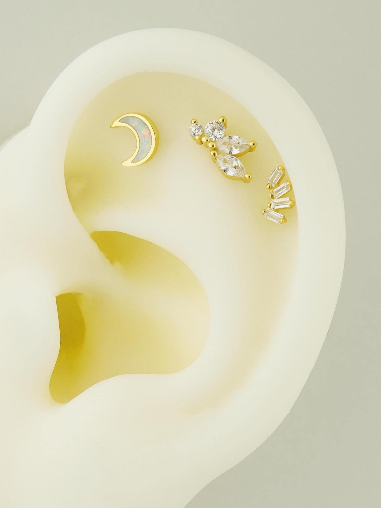 1 pc of CZ / Fire Opal Stud Earring in Gold Plated over Sterling Silver, Tiny Baguette / Marquise / Moon Design, 6mm or 8mm Post