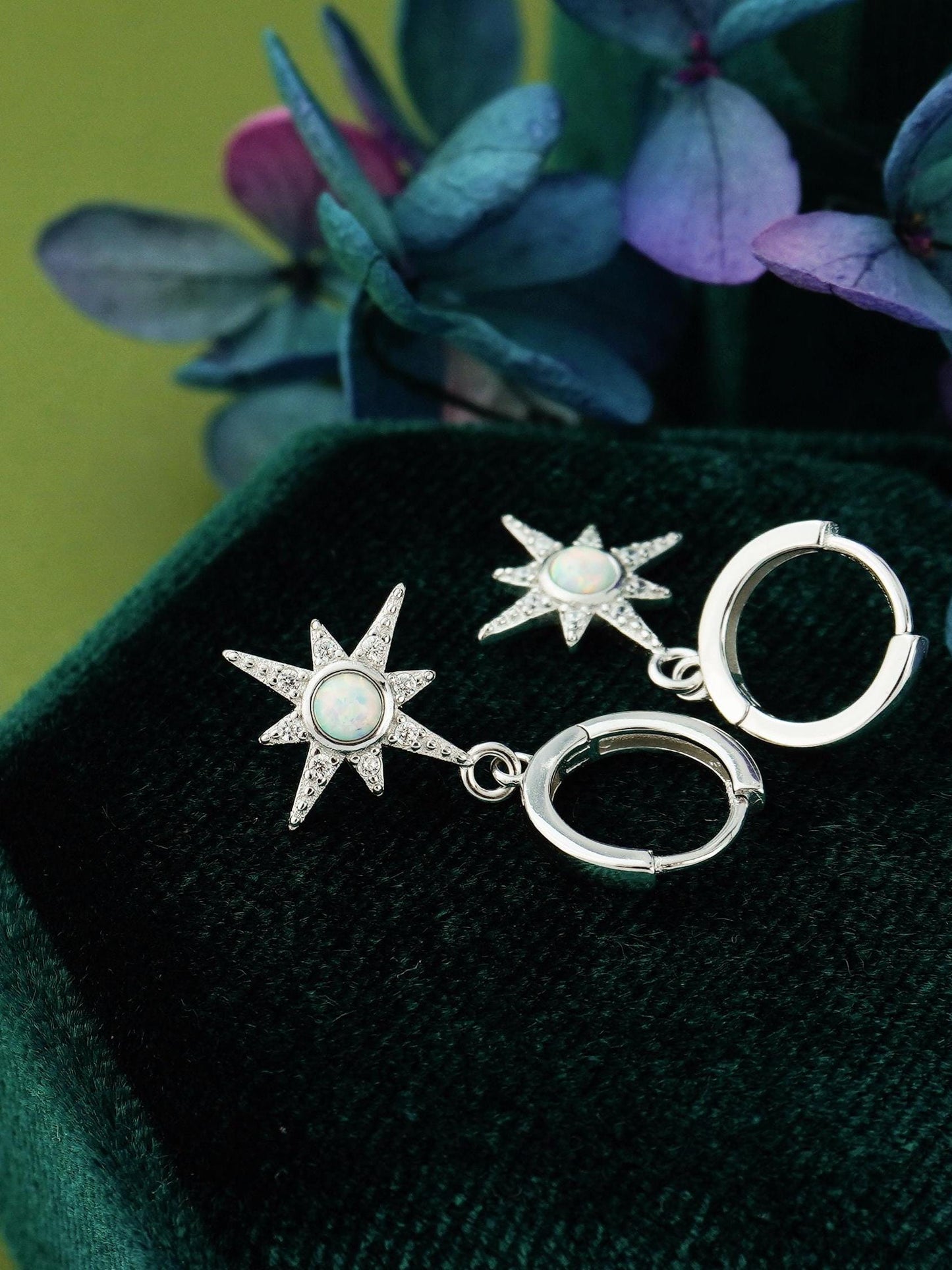 Pair of Opal Starburst Huggie Hoop Earrings in 925 Sterling Silver or 18ct Plated Gold