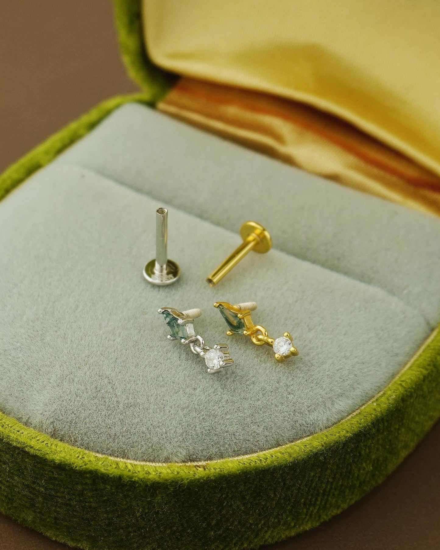 1 pc of VERY TINY Natural Green Moss Agate Kite Shape with Dangly CZ Stud Earring in Sterling Silver / Plated Gold