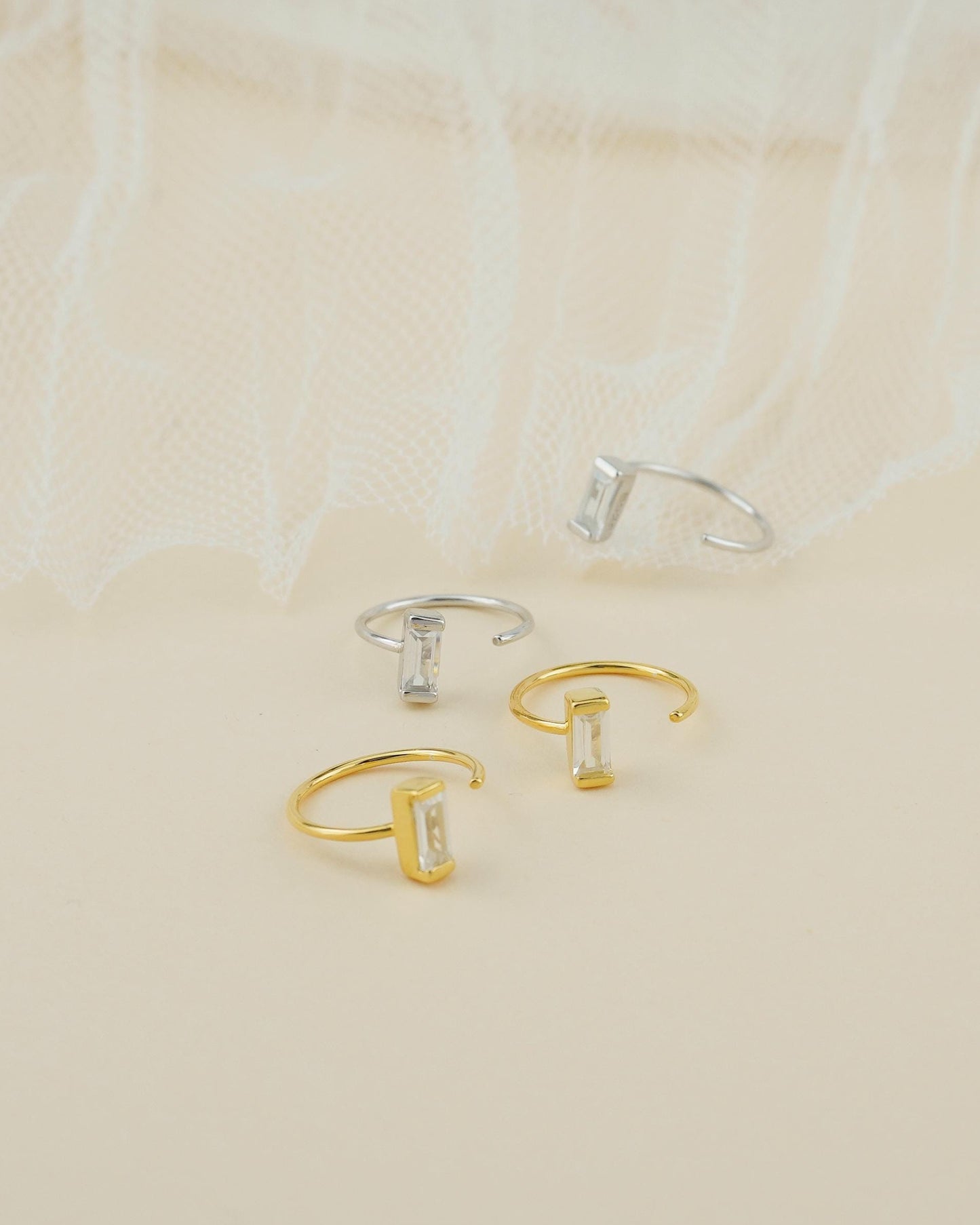Pair of Tiny Baguette CZ Stone Sterling Silver Threader Earrings in Rhodium or 18ct Gold Plated, C Shape Open Hoop