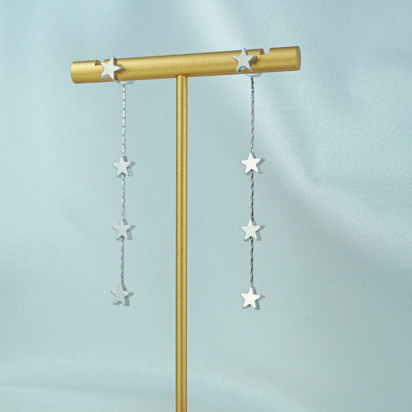 Pair of Brass Stud Earrings in Silver or Gold Finish, Dangly 3 Mini Celestial Charm on a Chain, Dainty Tassel Drop Lobe Jewelry