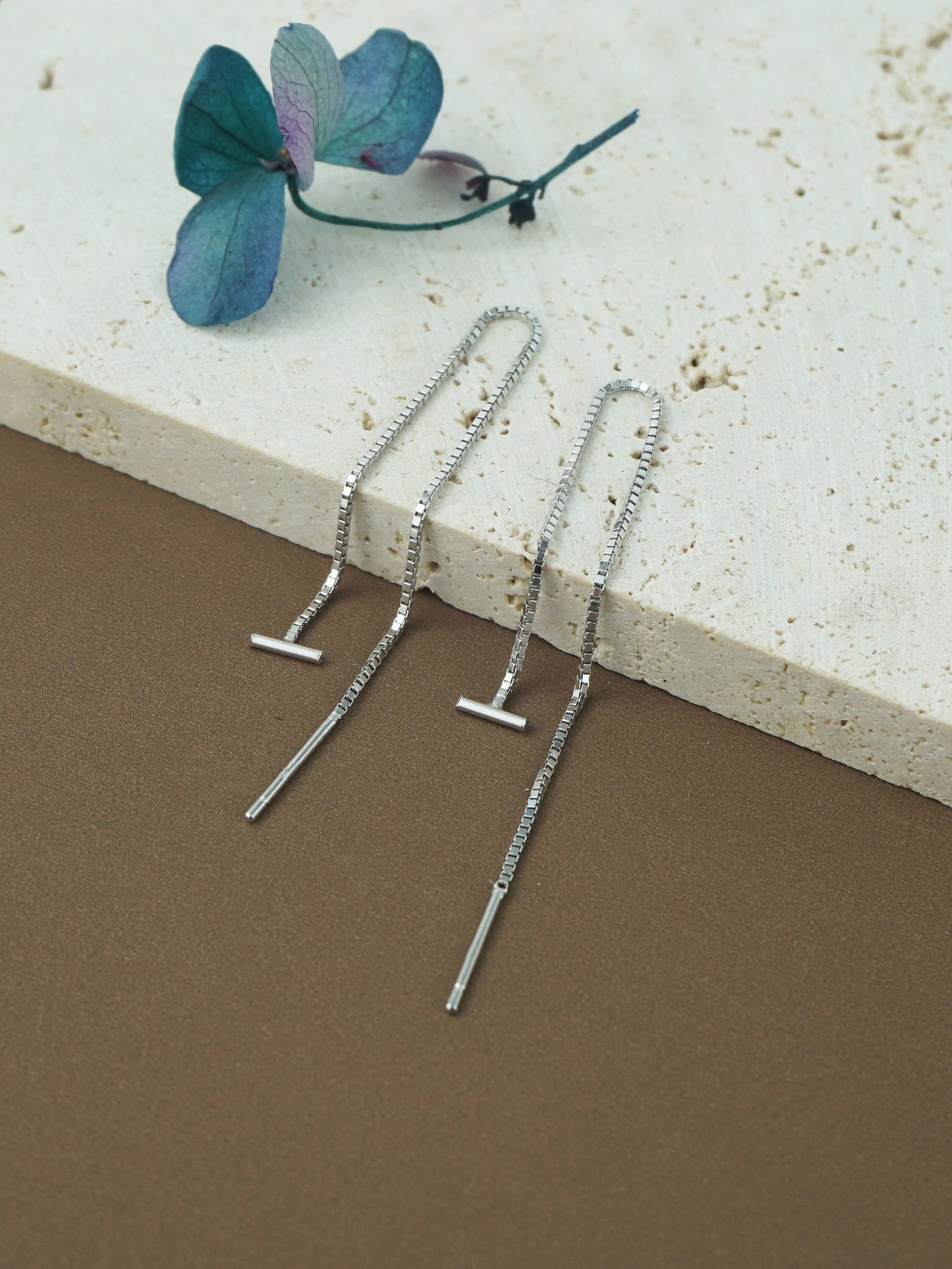 Pair of 5mm Short Bar Head Dangle Threader Earrings in Sterling Silver or Plated Gold, Dainty Dangly Chain, Minimal Delicate Ear Wire