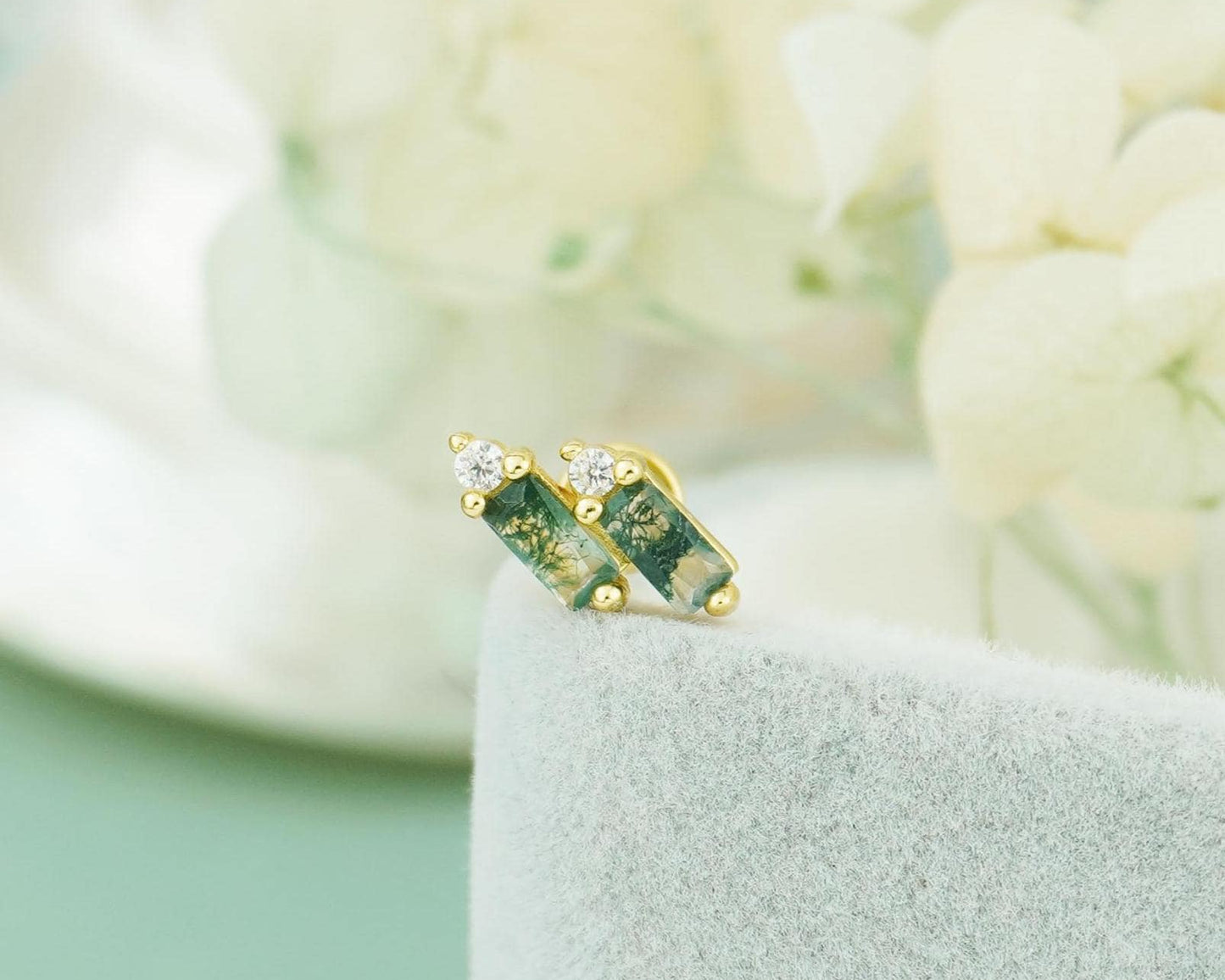 1 pc of Natural Green Moss Agate Double Baguette Stud Earring in Gold Plated over Sterling Silver