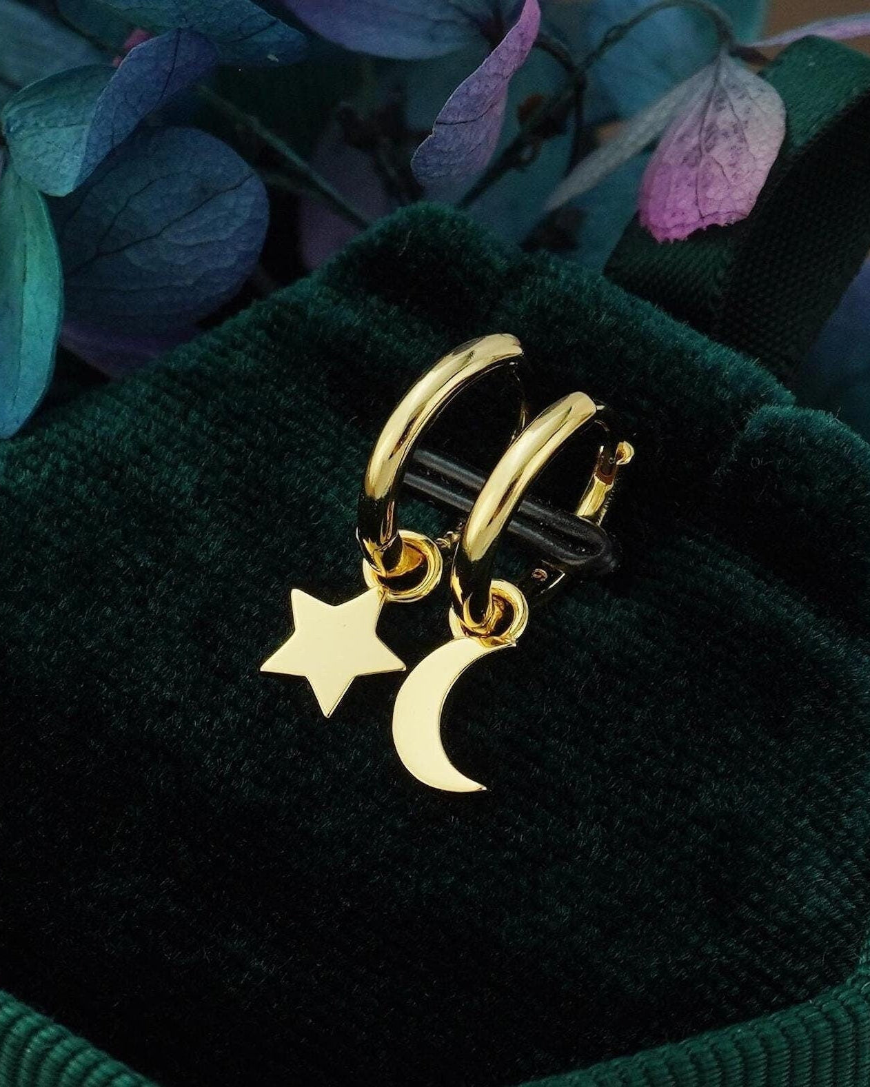 Pair of Dangly Star & Crescent Moon Huggie Hoop Earrings in Sterling Silver, Gold or Rose Gold Plated