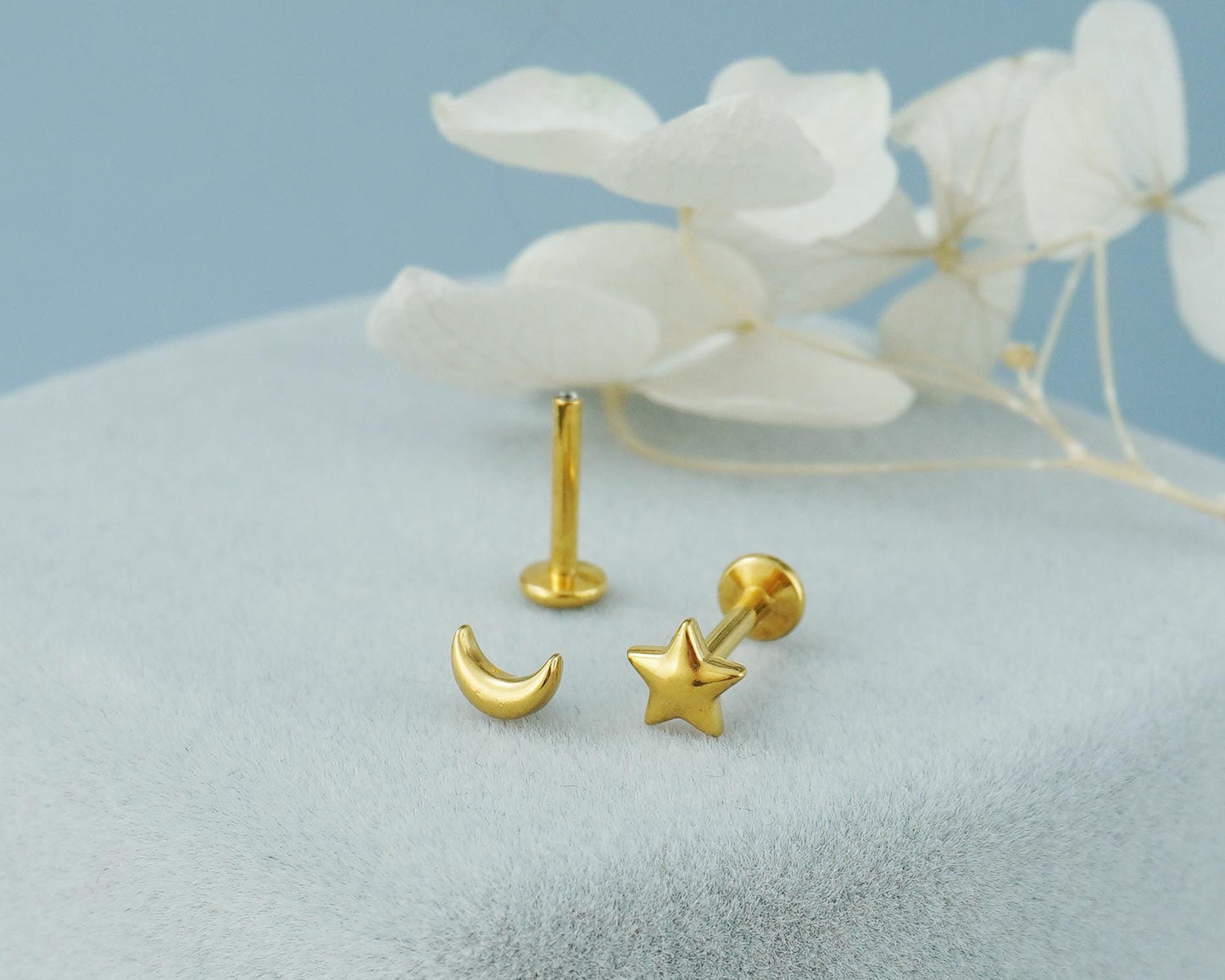 Pair of Mismatched Stainless Steel Star & Crescent Moon Stud Earrings in Steel or Golden, Flat Screw Back, 16G 6mm or 8mm post