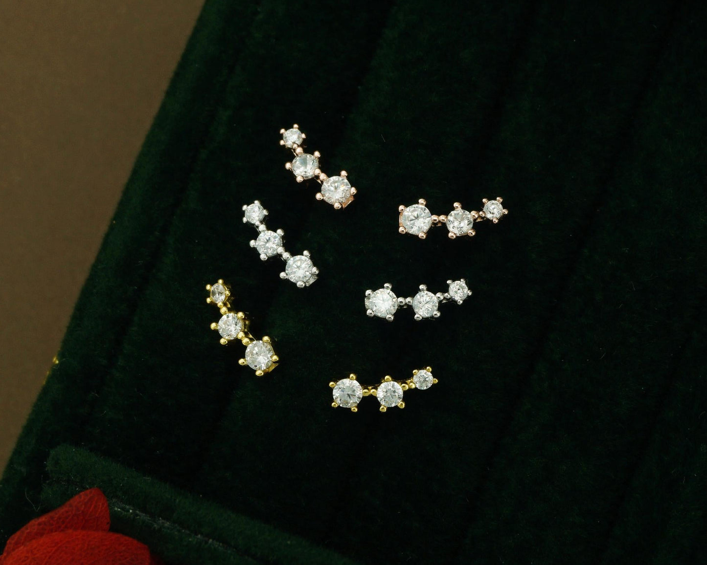 Pair of Tiny Sterling Silver Trio CZ Stud Earrings in Rhodium, Gold or Rose Gold Plated, Dainty Star Crawler with Screw Ball Back