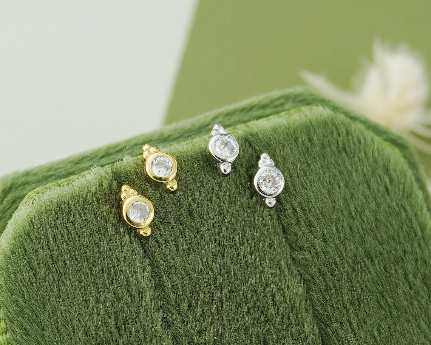 Pair of VERY TINY Sterling Silver CZ Bezel Stud Earrings in Rhodium or 18ct Gold Plated