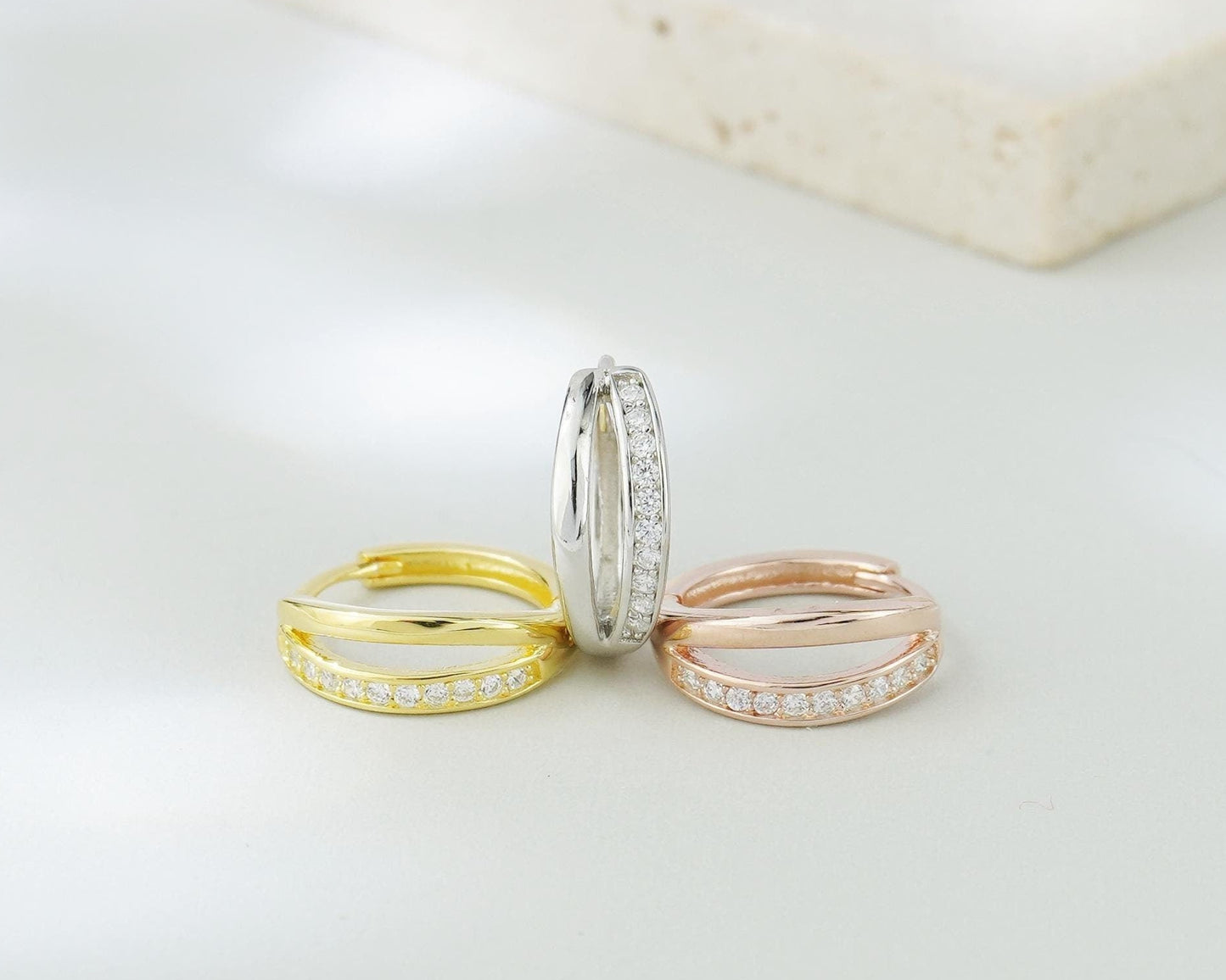 Pair of Sterling Silver Duo Asymmetric Ring Huggie Hoop Earrings in Rhodium, Gold or Rose Gold Plated