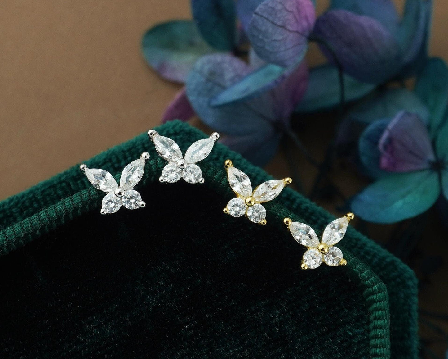 Pair of CZ Butterfly Stud Earrings in Sterling Silver or Gold Plated, Marquise Gem Nature Inspired Jewelry