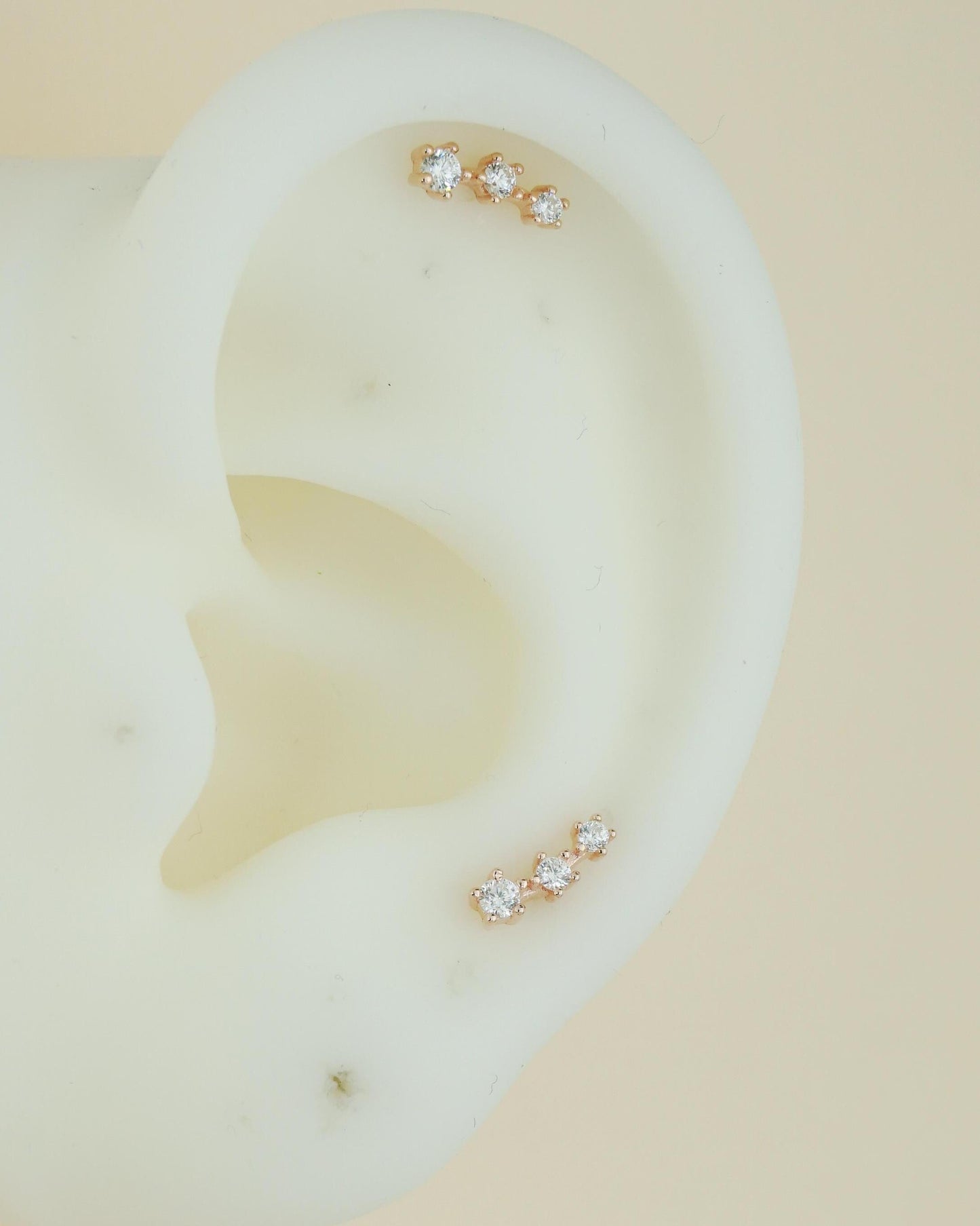 Pair of Tiny Trio CZ Sterling Silver Stud Earrings in Rhodium, 18ct Gold or Rose Gold Plated