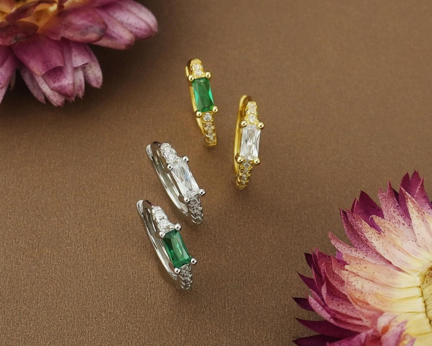 Pair of Baguette Emerald Green / Clear CZ Huggie Hoop Earrings in Sterling Silver or Plated Gold, Rectangular Gem Ear Jewelry