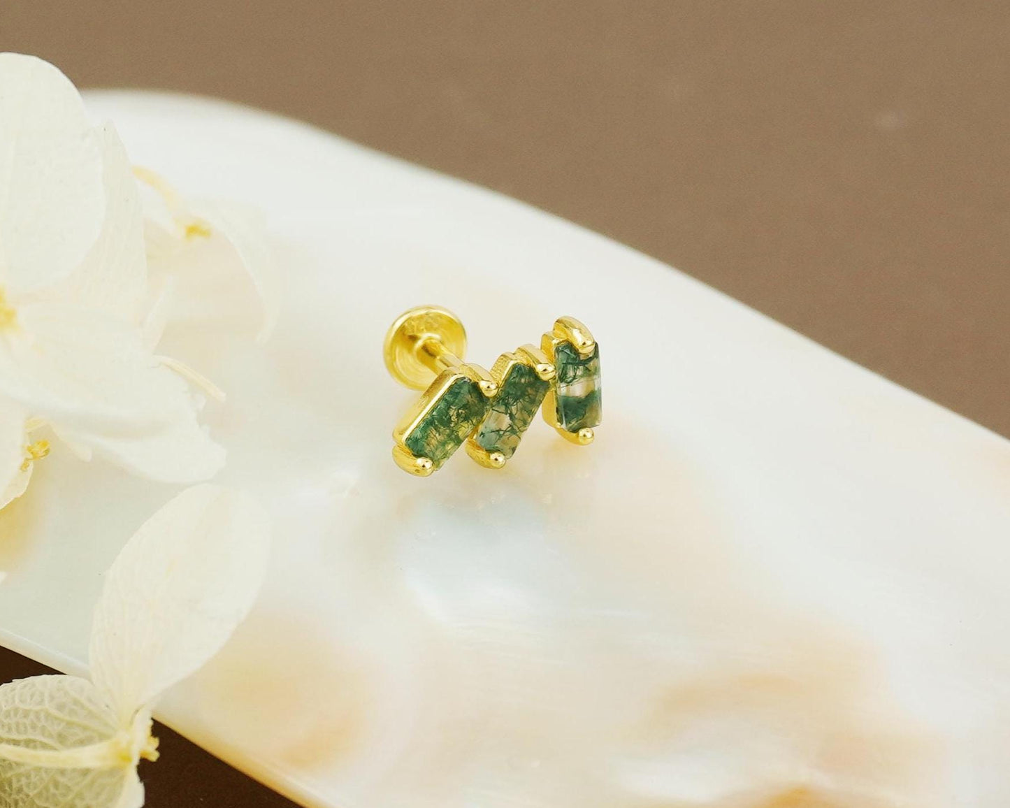 1 pc of Natural Green Moss Agate Triple Baguette Flat Back Stud Earring in Gold Plated over Sterling Silver