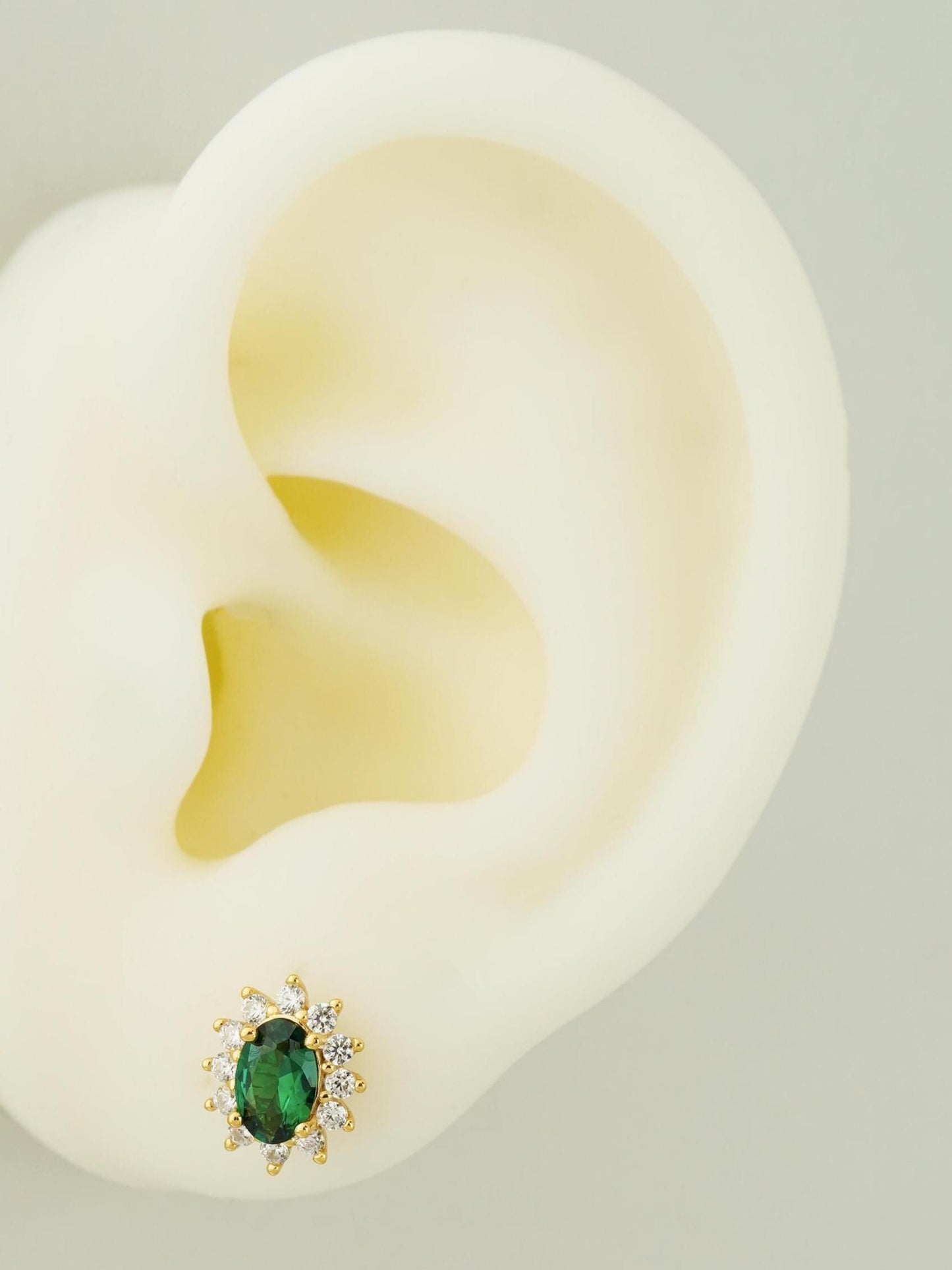 Pair of Halo Oval Emerald Green CZ Stud Earring in 14ct Gold Plated over Sterling Silver
