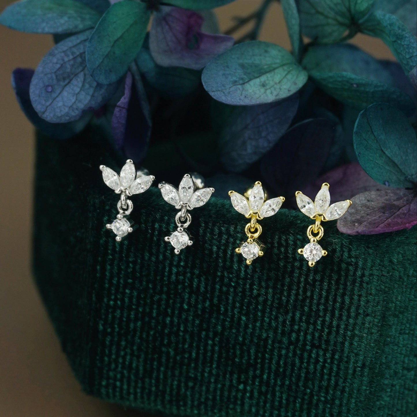 Pair of Trio Marquise CZ Sterling Silver Stud Earrings in Rhodium or Gold Plated, 3 Gem Cluster with Dangly Drop, Screw Ball Back