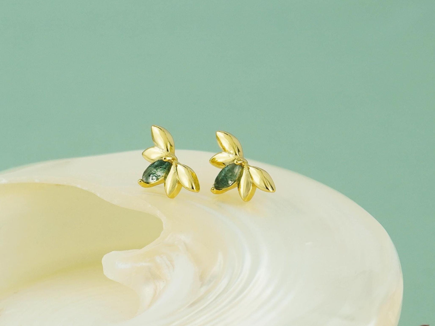 1 pc of Natural Green Moss Agate Marquise Crown Flat Back Stud Earring, Gold Plated over Sterling Silver