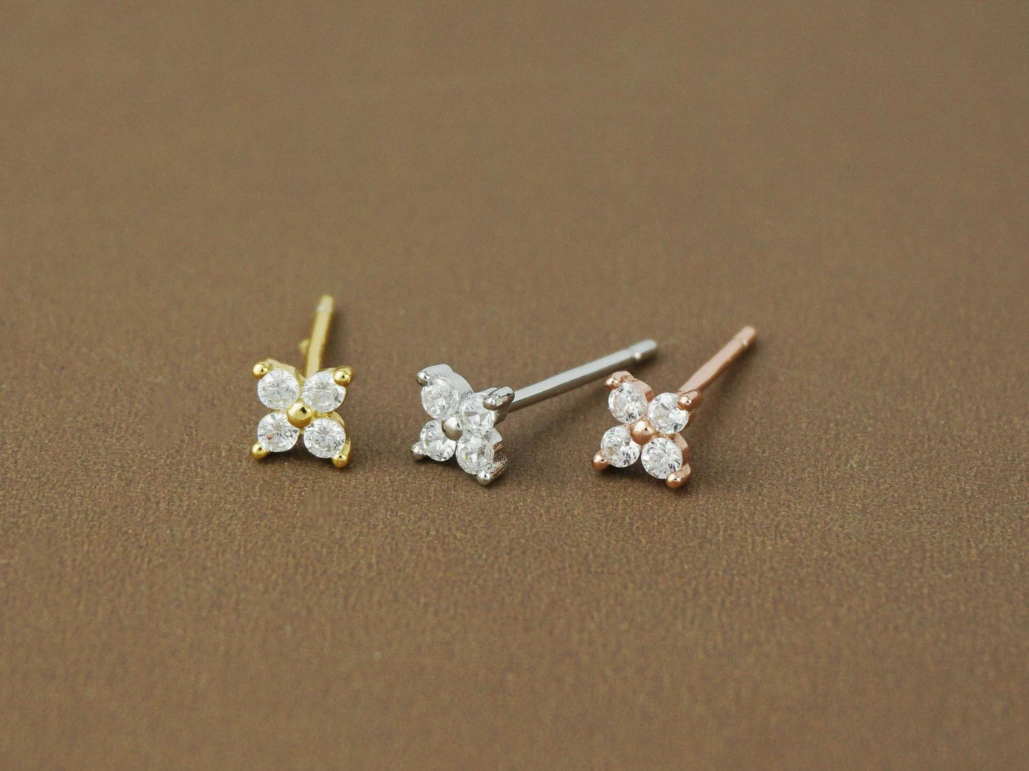 Pair of Tiny Quartet CZ Stud Earrings in Sterling Silver, Gold or Rose Gold Finish, Sparkly Hydrangea Flower Ear Lobe Piercing