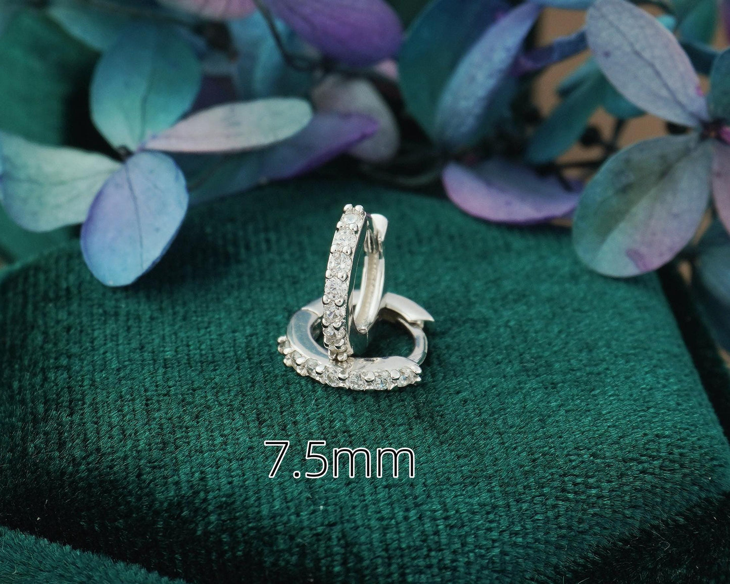 Pair of Skinny CZ Paved Huggie Hoop Earrings in 2 Sizes, Rhodium Plated over Solid Sterling Silver