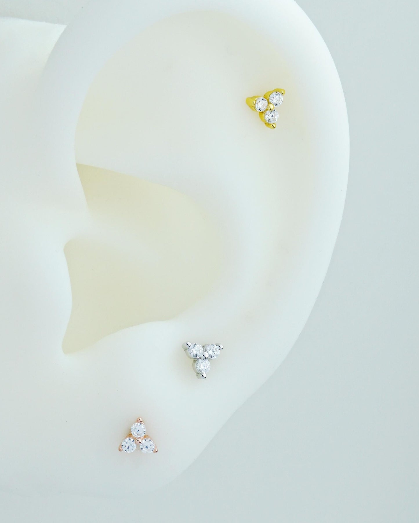 Pair of Tiny Trinity CZ Sterling Silver Stud Earrings in Rhodium, 18ct Gold or Rose Gold Plated, Trio Triangle Stacking Jewelry