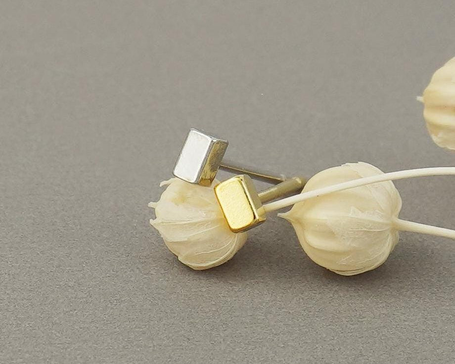 Pair of Tiny 2x3mm Short Bar Cuboid Stud Earrings in Sterling Silver or 14ct Gold Plated, Geometric Rectangular Prism Ear Piercing