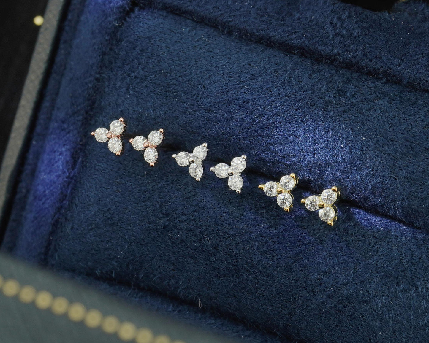 Pair of Tiny Trinity CZ Sterling Silver Stud Earrings in Rhodium, 18ct Gold or Rose Gold Plated, Trio Triangle Stacking Jewelry