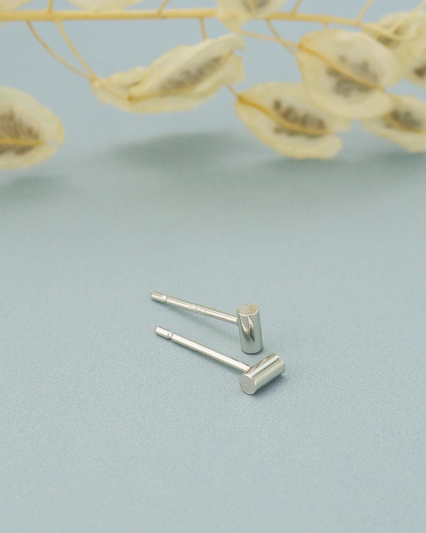 Pair of Tiny Sterling Silver 4mm Geometric Cylinder Tube Short Bar Stud Earrings