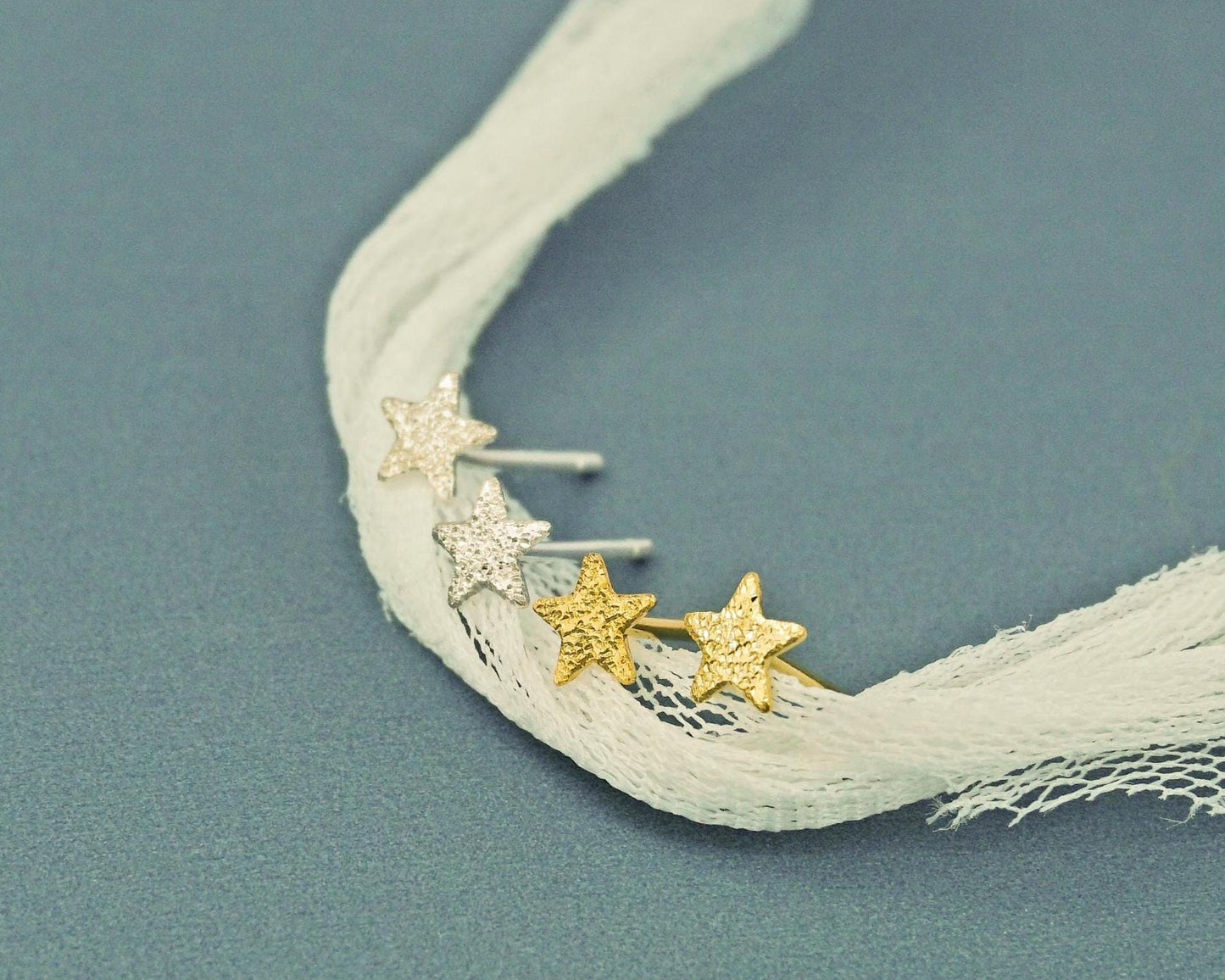 Pair of VERY TINY Frosted Star Stud Earrings in Sterling Silver or 14ct Gold Plated