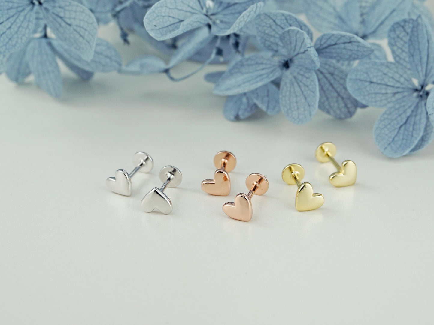 Pair of Tiny Heart Stud Earrings in Sterling Silver, 14ct Gold or Rose Gold, Flat Screw Back Piercing