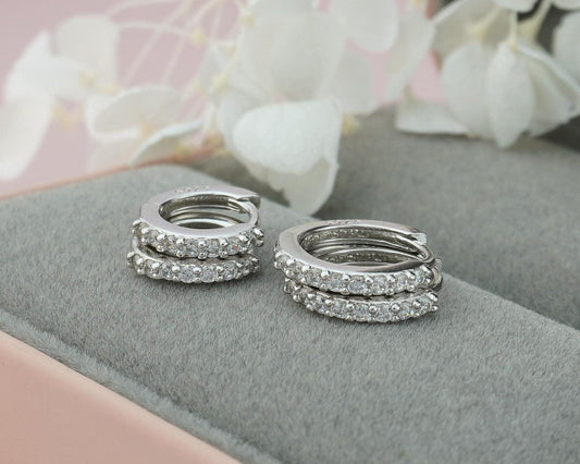 Pair of Skinny CZ Paved Huggie Hoop Earrings in 2 Sizes, Rhodium Plated over Solid Sterling Silver